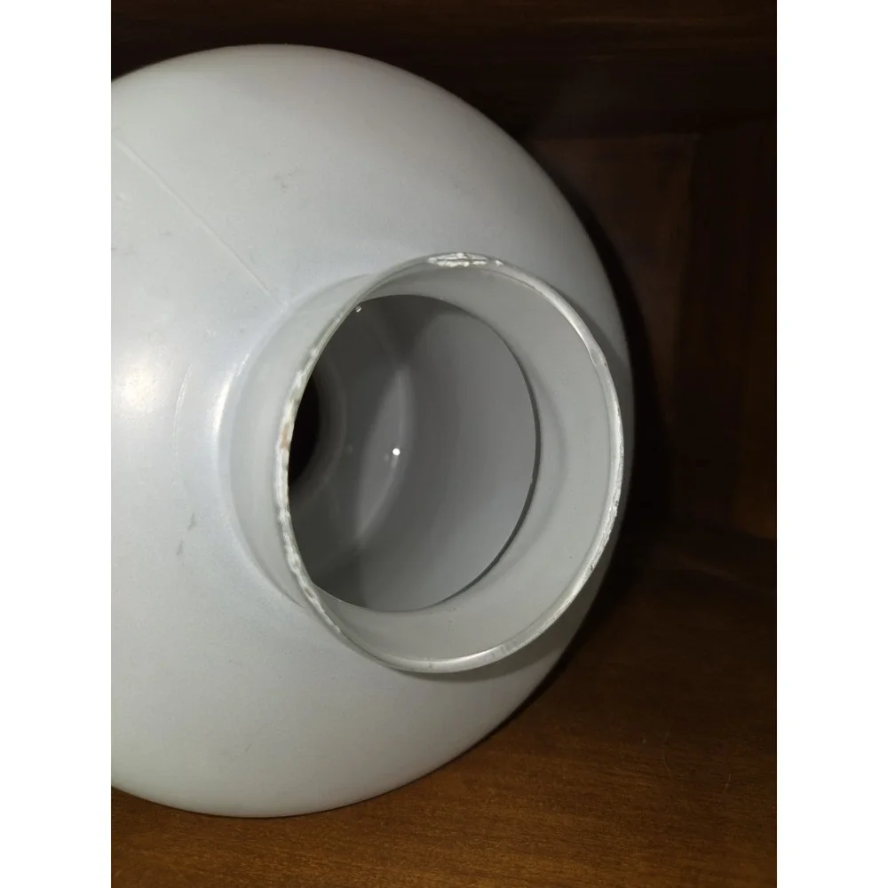 VTG white milk glass hurricane lamp shade featuring blue stripes W/ Ruffled Rim